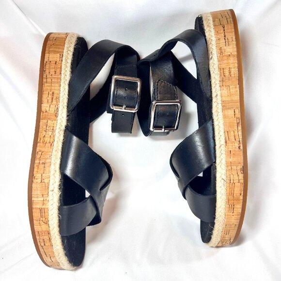Clarks Women's 1 " Wedge Cork Leather Around Ankle Sandals-Size 8 1/2-Black/Tan - Picture 7 of 16